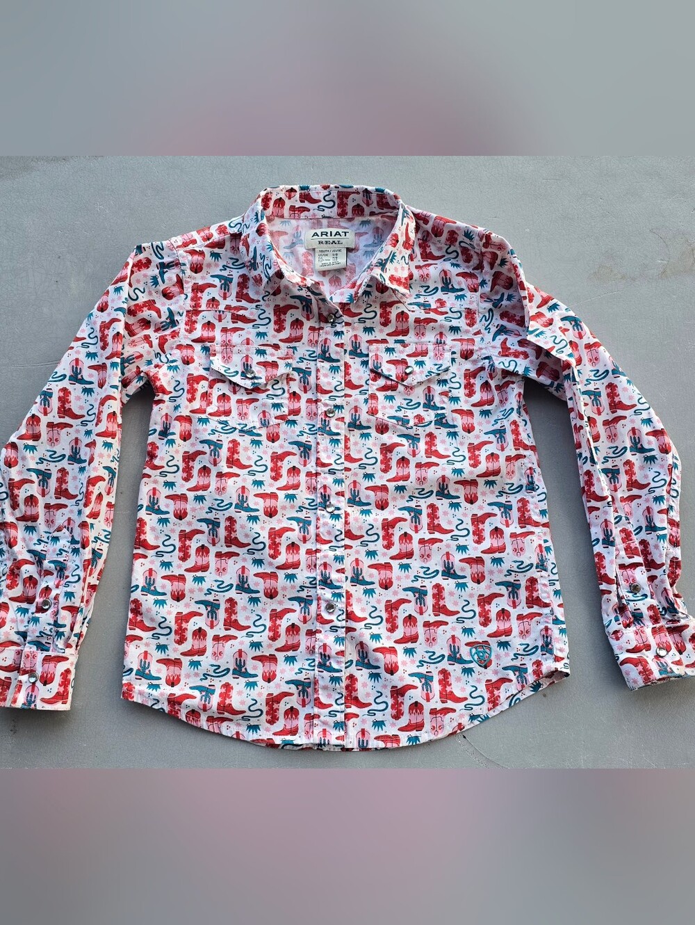 Ariat Youth Western Rhinestone Snap Shirt Pink Cowboy Boots Print Size Small (8)